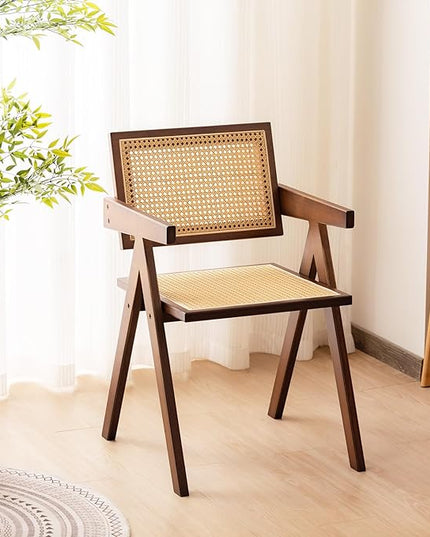 Rattan Accent Chairs, Modern Mid Century Dining Chairs Set of 2, Comfy Armchairs, Outdoor Rattan Chairs with Armrest for Bedroom Living Room Reading Room Dining Kitchen, Brown - LeafyLoom