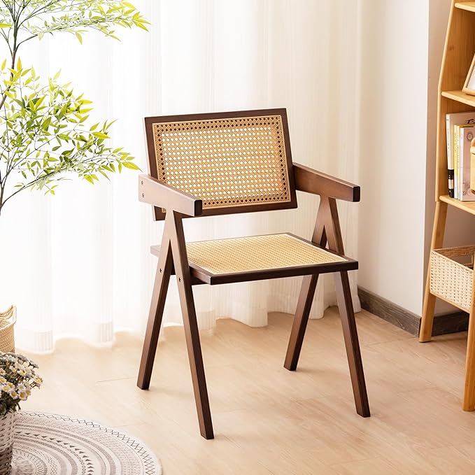 Rattan Accent Chairs, Modern Mid Century Dining Chairs Set of 2, Comfy Armchairs, Outdoor Rattan Chairs with Armrest for Bedroom Living Room Reading Room Dining Kitchen, Brown - LeafyLoom