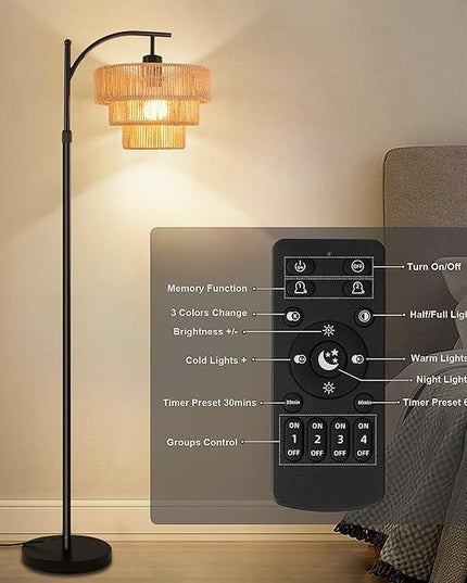 Arc Floor Lamp for Living Room with 3 Color Temperatures, Farmhouse Floor Lamps with Remote & Dimmable Bulb, Boho Standing Lamp with Rattan & 3-Tier Shades, Adjustable Tall Lamp for Bedroom,Corner - LeafyLoom