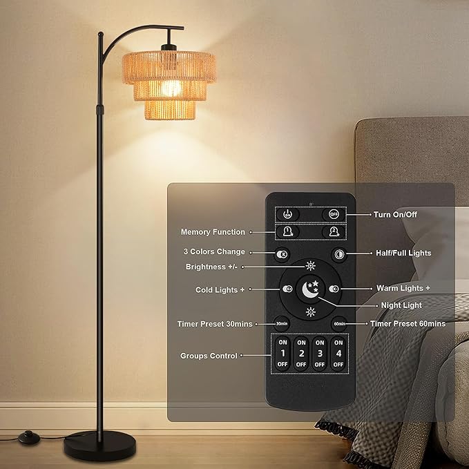 Arc Floor Lamp for Living Room with 3 Color Temperatures, Farmhouse Floor Lamps with Remote & Dimmable Bulb, Boho Standing Lamp with Rattan & 3-Tier Shades, Adjustable Tall Lamp for Bedroom,Corner - LeafyLoom