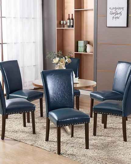 COLAMY Upholstered Parsons Dining Chairs Set of 2, PU Leather Dining Room Kitchen Side Chair with Nailhead Trim and Wood Legs - Blue - LeafyLoom