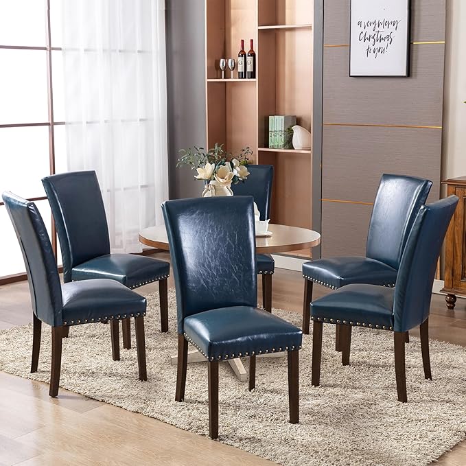 COLAMY Upholstered Parsons Dining Chairs Set of 2, PU Leather Dining Room Kitchen Side Chair with Nailhead Trim and Wood Legs - Blue - LeafyLoom