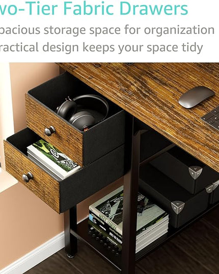 Lufeiya Computer Desk with Drawers - 40 Inch Work Small Desk for Bedroom Home Office, Simple Study Writing Table PC Desks with Drawer Storage Shelves, Rustic Brown - LeafyLoom