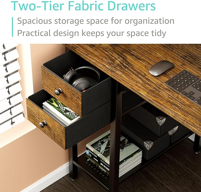Lufeiya Computer Desk with Drawers - 40 Inch Work Small Desk for Bedroom Home Office, Simple Study Writing Table PC Desks with Drawer Storage Shelves, Rustic Brown - LeafyLoom