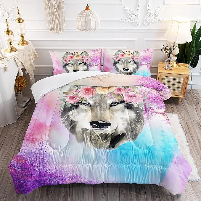 Wolf Comforter Set Tie Dye Wolf Bedding Set for Kids Teens Room Decor Romantic Pink Rose Wild Animals Comforter with 2 Pillowcases - LeafyLoom