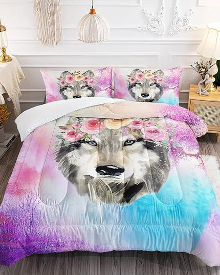 Wolf Comforter Set Tie Dye Wolf Bedding Set for Kids Teens Room Decor Romantic Pink Rose Wild Animals Comforter with 2 Pillowcases - LeafyLoom