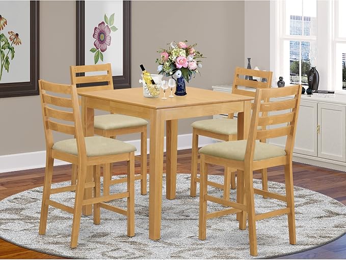 East West Furniture PBCF5-OAK-C 5 Piece Kitchen Counter Height Dining Set Includes a Square Pub Table and 4 Linen Fabric Upholstered Chairs, 36x36 Inch - LeafyLoom