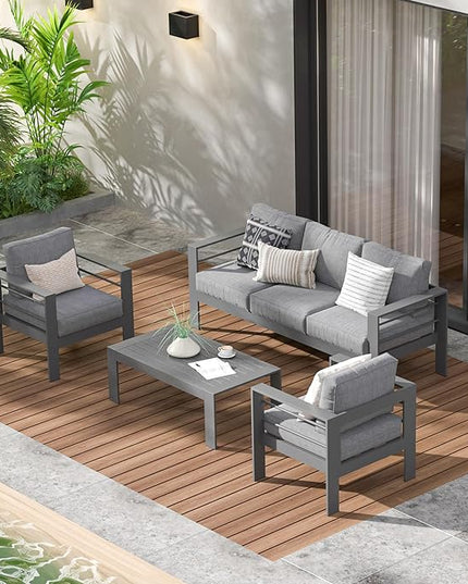 Wisteria Lane Aluminum Outdoor Patio Furniture Set, Modern Patio Conversation Sets, Outdoor Sectional Metal Sofa with 5 Inch Cushion and Coffee Table for Balcony, Garden, Dark Grey - LeafyLoom