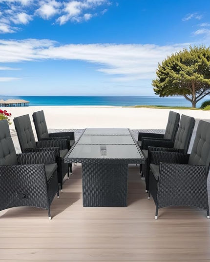 7-Piece Patio Dining, Outdoor Conversation Furniture Set with Adjustable Backrest Wicker + Dark Grey Cushion for Backyard, Balcony and Garden, Zj-Black - LeafyLoom