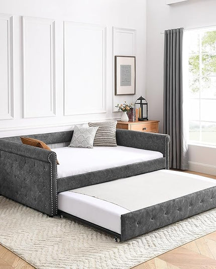 Full Size Upholstered Daybed with Twin Trundle, Solid Wooden Bed Frame w/Button Tufted and Copper Nail on Square Arms, No Spring Box Need, for Kids, Bedroom, Dorm, Grey-4 - LeafyLoom
