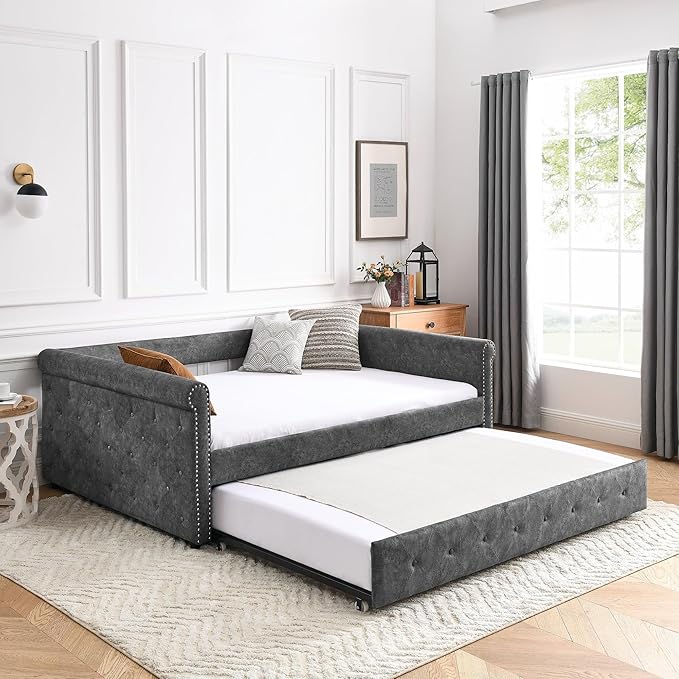 Full Size Upholstered Daybed with Twin Trundle, Solid Wooden Bed Frame w/Button Tufted and Copper Nail on Square Arms, No Spring Box Need, for Kids, Bedroom, Dorm, Grey-4 - LeafyLoom