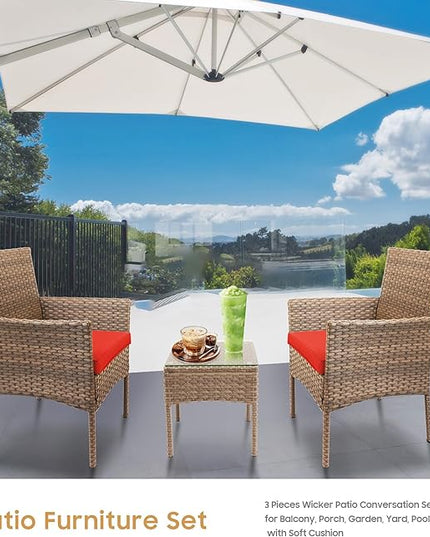YIYAN 3 Pieces Patio Bistro Set Outdoor Wicker Furniture Outdoor Porch PE Rattan Wicker Chairs Furniture Sets with Sofa Chairs,Glass Coffee Table and Red Washable Cushion - LeafyLoom