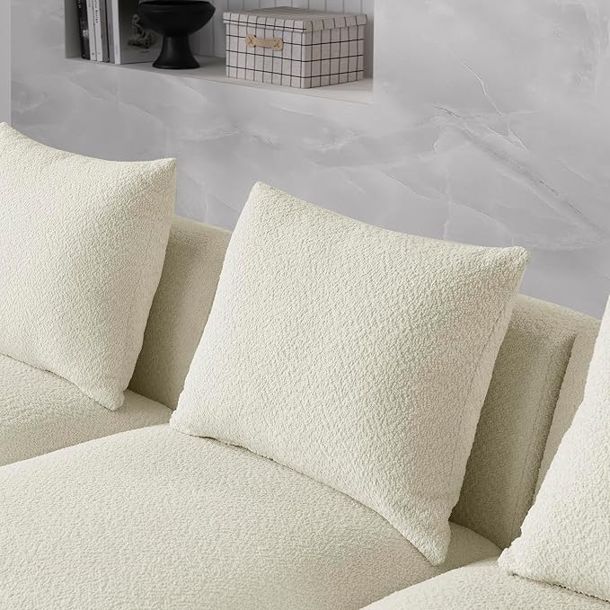 L Shape Sectional Sofa with Left Side Chaise and Removable Ottoman, Upholstered Modular Couch w/Pillows for Living Room, Office, DIY Combination, Loop Yarn Fabric, Beige, 113" - LeafyLoom