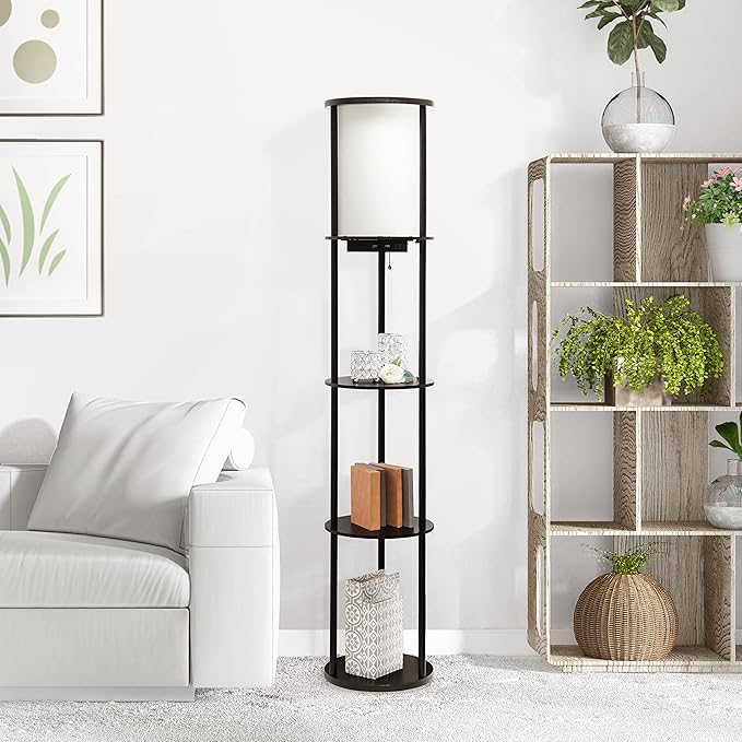 Simple Designs LF2010-BLK 62.5" Round Modern Shelf Etagere Organizer Storage Floor Lamp with 2 USB Charging Ports, 1 Charging Outlet and Linen Shade for Living Room Bedroom Office, Black - LeafyLoom