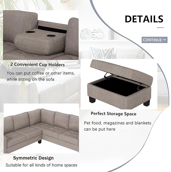 L Shaped Sectional Sofa with Storage Ottoman & Cup Holders Chaise, Comfy Linen Couch, Modular Sofa&Couches for Living Room Large Space Dorm Apartment, Brown CupHolders - LeafyLoom