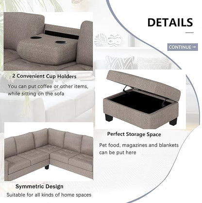 L Shaped Sectional Sofa with Storage Ottoman & Cup Holders Chaise, Comfy Linen Couch, Modular Sofa&Couches for Living Room Large Space Dorm Apartment, Brown CupHolders - LeafyLoom