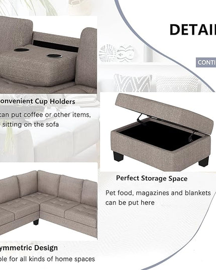 Sectional Couch Modular 5 Seater, Combination Corner, Linen L-Shaped Sofa, Saving Design with Storage Footrest and Cup Holder, for Large Space Dormitory Apartments, Brown - LeafyLoom