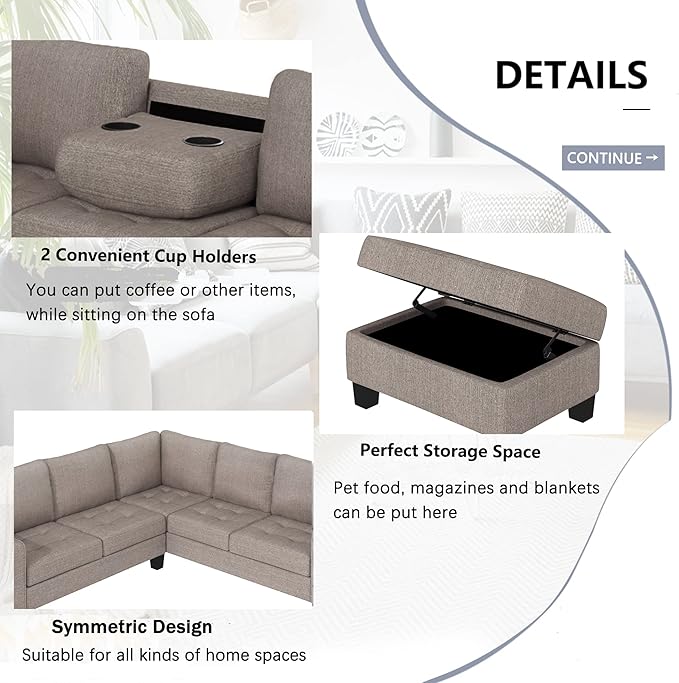 Sectional Couch Modular 5 Seater, Combination Corner, Linen L-Shaped Sofa, Saving Design with Storage Footrest and Cup Holder, for Large Space Dormitory Apartments, Brown - LeafyLoom