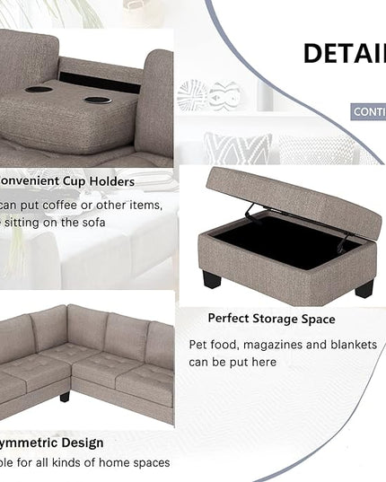 Ottoman&Cup Living Room Furniture Sets,Sectional Corner Sofa L-shape Couch Saving with Storage Ottoman & Cup Holders Design for Large Space Dorm Apartment, Brown F - LeafyLoom