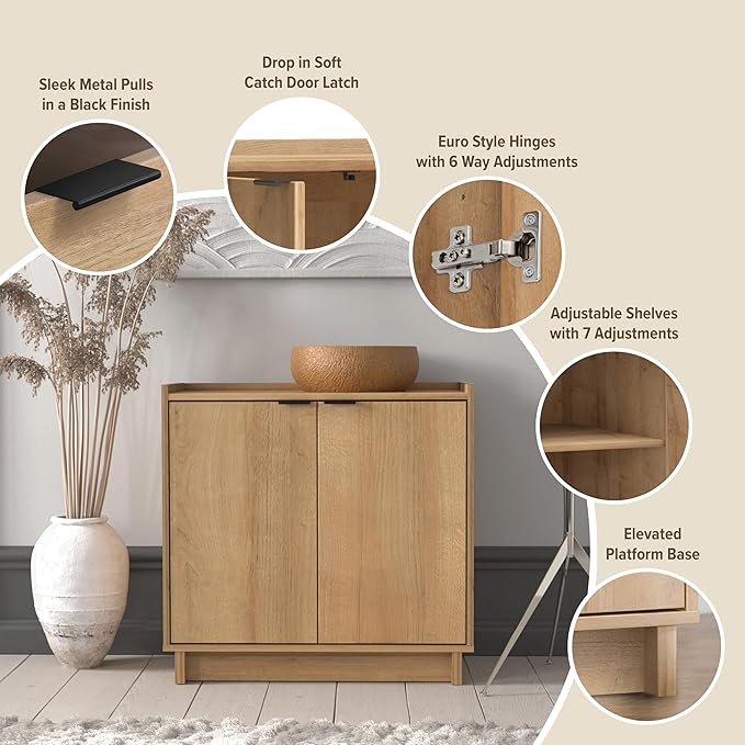 Prepac Simply Modern 2 Console Table, White Doors and Shelves, Buffet Cabinet with Storage, 30.75" W x 30" H x 16" D, Oak - LeafyLoom