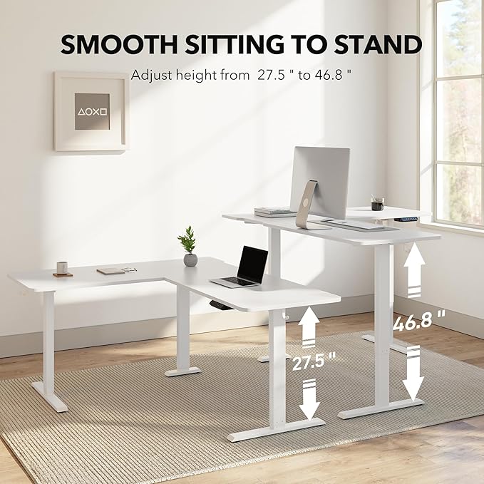 FEZIBO L Shaped Standing Desk, Electric Stand up Height Adjustable Home Office Table, Sit Stand Desk, White Top - LeafyLoom