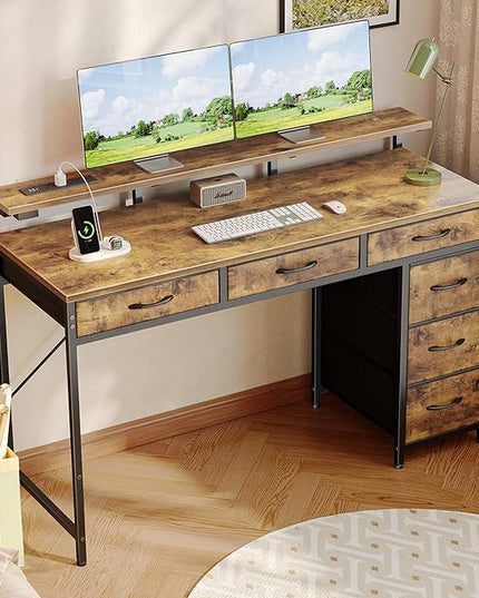 Gaming Desk with 6 Drawers, Computer Desk with LED Lights Power Outlets and Type-C, 47 Inch Office Desk with Storage, Monitor Stand, Writing Desk Work Desk for Home Office, Study, Rustic Brown - LeafyLoom
