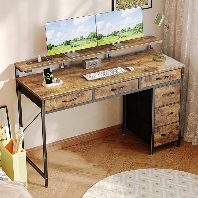 Gaming Desk with 6 Drawers, Computer Desk with LED Lights Power Outlets and Type-C, 47 Inch Office Desk with Storage, Monitor Stand, Writing Desk Work Desk for Home Office, Study, Rustic Brown - LeafyLoom