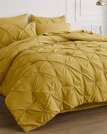 Bedsure Mustard Yellow King Size Comforter Set - Bedding Set King 7 Pieces, Pintuck Bed in a Bag Green Bed Set with Comforter, Sheets, Pillowcases & Shams - LeafyLoom