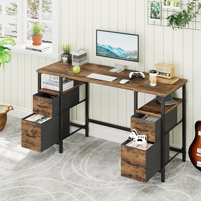 55'' Office Desk with 4 Fabric File Drawers - File Drawer Organization, Computer Work Desk, Study Writing Table, Home Office Workstation, Rustic Brown. - LeafyLoom