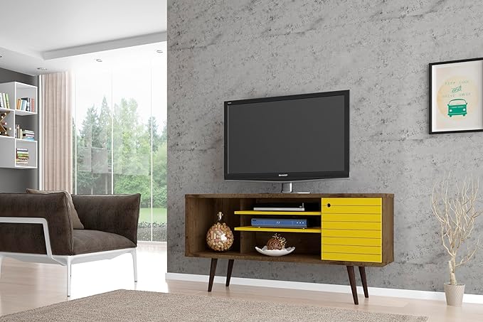 Manhattan Comfort Liberty Mid Century Modern TV Stand for Televisions up to 50 Inches, Bedroom and Living Room Entertainment Center with Storage, Shelves, and Cabinet, 53" Wide, Rustic Brown/Yellow - LeafyLoom