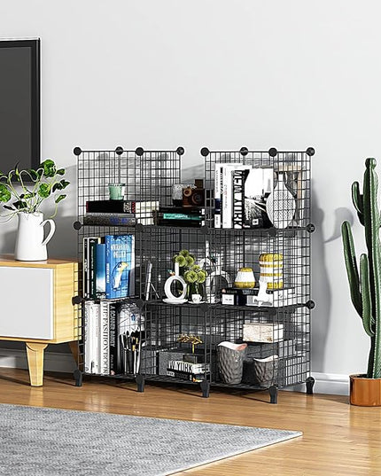 Wolizom Wire Cube Storage, Metal Grids Shelves Bookshelf, Stackable Modular Shelving Organizer, DIY Closet Bookcase Bookshelf, Grid Storage Shelf for Bedroom, Living Room, Office (Black, 8 Cube) - LeafyLoom