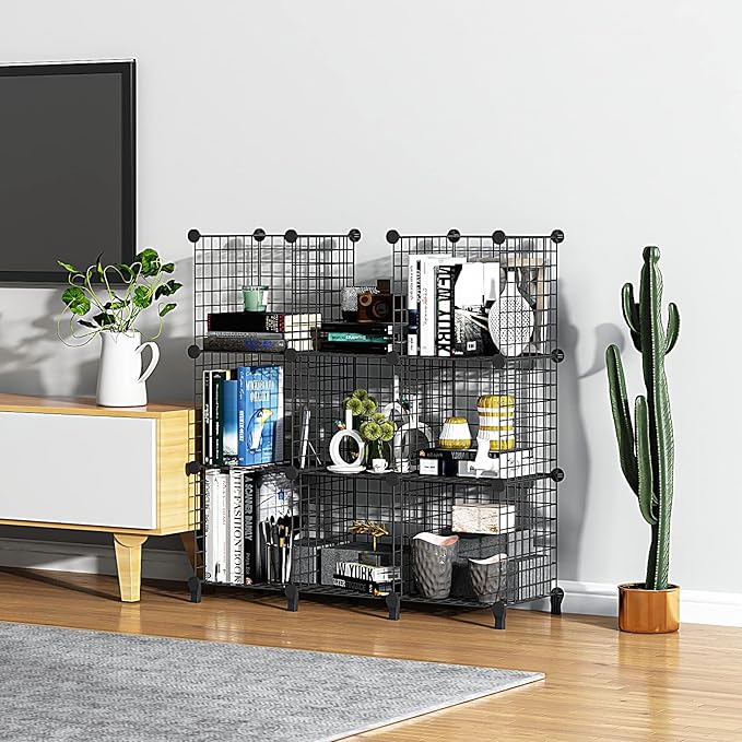 Wolizom Wire Cube Storage, Metal Grids Shelves Bookshelf, Stackable Modular Shelving Organizer, DIY Closet Bookcase Bookshelf, Grid Storage Shelf for Bedroom, Living Room, Office (Black, 8 Cube) - LeafyLoom