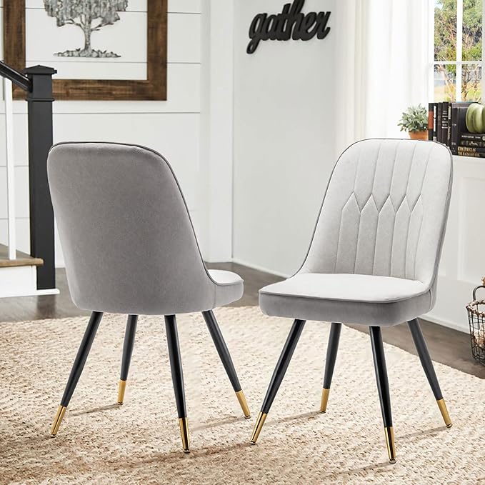 Alunaune Modern Dining Chairs Set of 2 Upholstered Kitchen Chairs Accent Chair, Mid Century Armless Leisure Chair Living Room Faux Leather Desk Side Chair with Gold Metal Legs-Ivory Grey - LeafyLoom