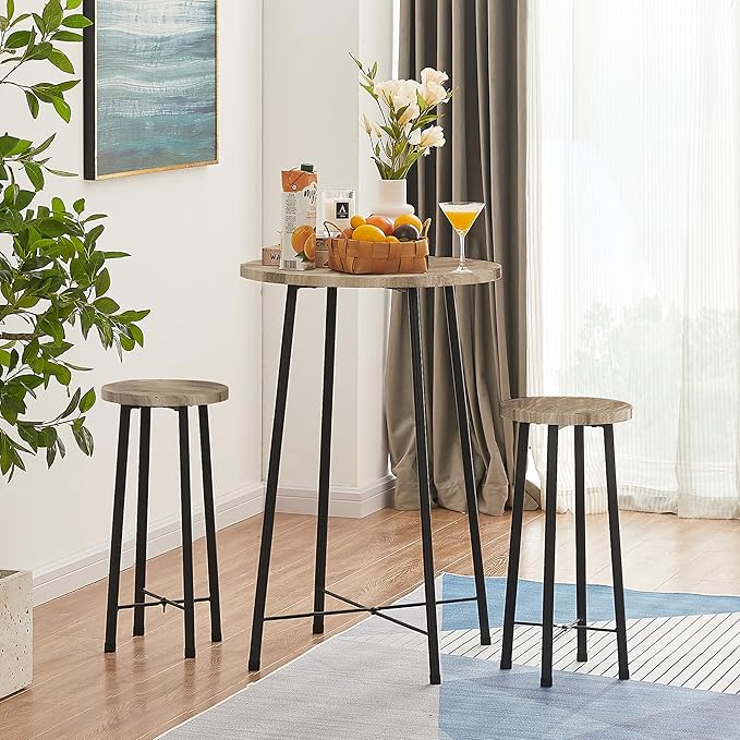 VECELO Small Bar Table and Chairs, Round Bistro Sets with 2 barstools, 3-Piece Pub Dining Furniture, Counter Height Wood Top for Breakfast Dinner Coffee Nap Conference, Easy Assembly,Maple - LeafyLoom