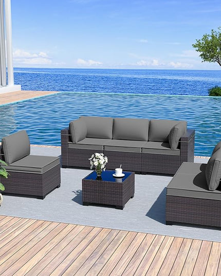 Outdoor Furniture Set 7PCS Patio Furniture for Backyard Wicker Sectional Sofa Set 6 Seats, PE Rattan Outdoor Conversation Set with Thickened Cushions and Glass Coffee Table, Grey - LeafyLoom