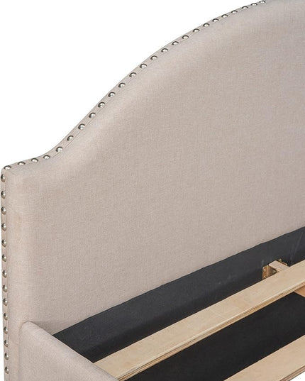 Full Size Upholstered Daybed with Twin Size Trundle, Wood Slat Support, Beige - LeafyLoom