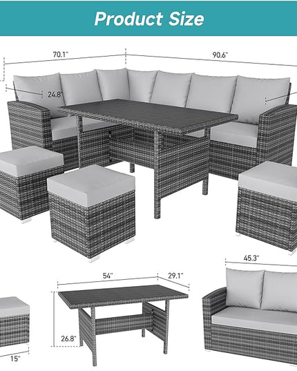 IDEALHOUSE 7 Pieces Outdoor Dining Set,Patio Sectional Sofa Conversation Set All Weather Wicker Rattan Couch Dining Table & Chair with Ottoman Grey - LeafyLoom