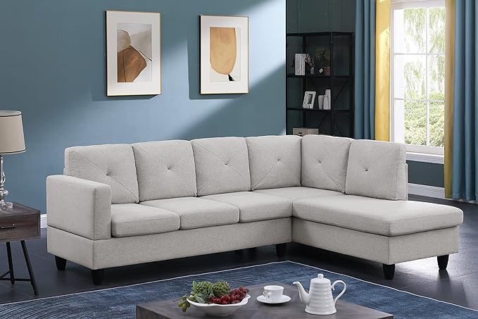 LOVMOR Living Room Reversible Sectional Sofa with Dropdown Armrest, Cupholder, Ottoman and Storage Chaise, Linen Couch for Home Furniture, Apartment, Dorm, Santiago Light Gray, 96 Inch - LeafyLoom