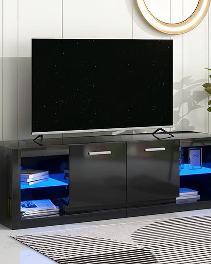 Merax Modern LED TV Stand with 2 Tempered Glass Shelves, High Gloss Entertainment Center for Televisions Up to 70”, Elegant Storage Cabinet with Color Changing Lights for Living Room, Black - LeafyLoom