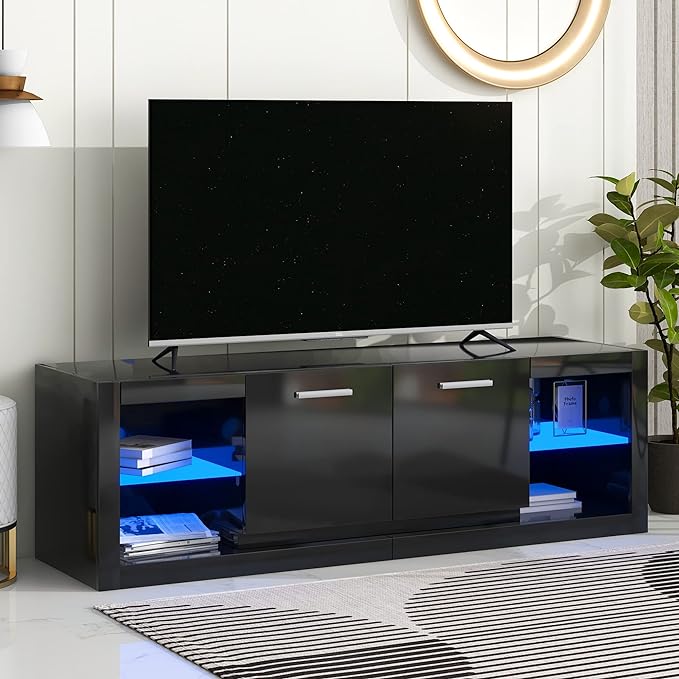 Merax Modern LED TV Stand with 2 Tempered Glass Shelves, High Gloss Entertainment Center for Televisions Up to 70”, Elegant Storage Cabinet with Color Changing Lights for Living Room, Black - LeafyLoom