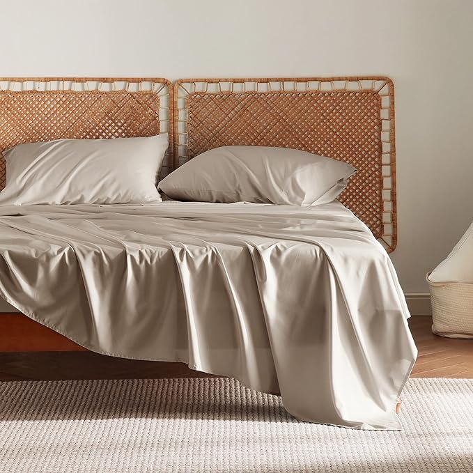 Bedsure California King Sheet Sets, Cooling Sheets, Rayon Derived from Bamboo, Deep Pocket Up to 16", Breathable & Soft Bed Sheets, Hotel Luxury Silky Bedding Sheets & Pillowcases, Simply Taupe - LeafyLoom