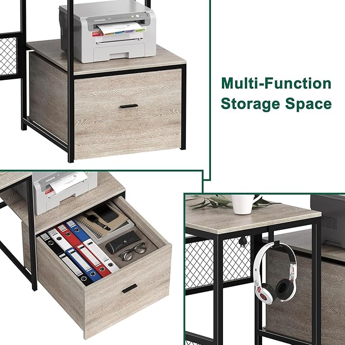 L Shaped Desk with Drawers, 66" Home Office Desk with Power Outlet and Led Strip, Reversible Computer Desk with Storage Shelves & Monitor Stand, Large Corner Desk Gaming Desk, Grey - LeafyLoom