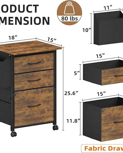 3 Drawer File Cabinet with 18'' Extended Board, Fabric Drawer, Mobile Filing Cabinet Fits A4/Letter Size Files, Rolling Printer Stand with Storage Bag, File Cabinet Home Office, Rustic Brown - LeafyLoom