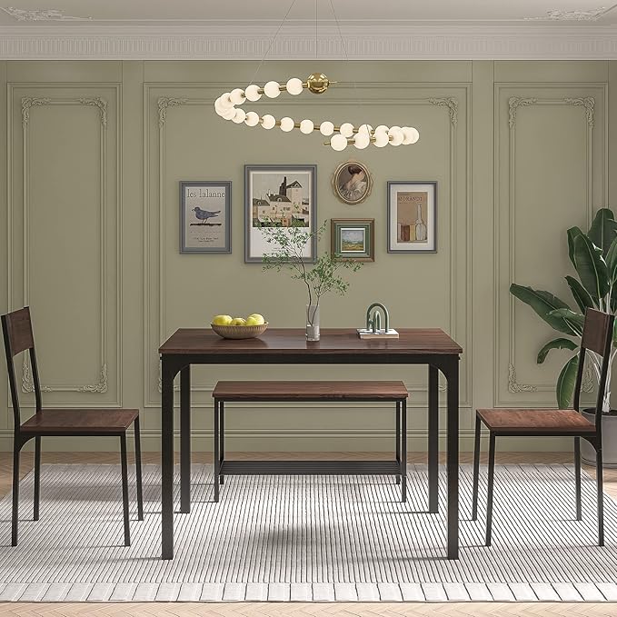SogesHome 4-Piece Dining Table Set for 4 - Space-Saving Kitchen Set with Bench and Chairs, Ideal for Restaurants and Coffee Shops, Dark Walnut - LeafyLoom