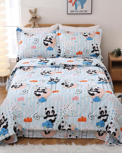 JSD Cute Panda Kids Comforter Set, 3 Pieces Queen Microfiber Comforter with Pillow Sham, Soft Comfortable Machine Washable - LeafyLoom