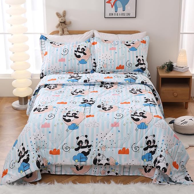 JSD Cute Panda Kids Comforter Set, 3 Pieces Queen Microfiber Comforter with Pillow Sham, Soft Comfortable Machine Washable - LeafyLoom