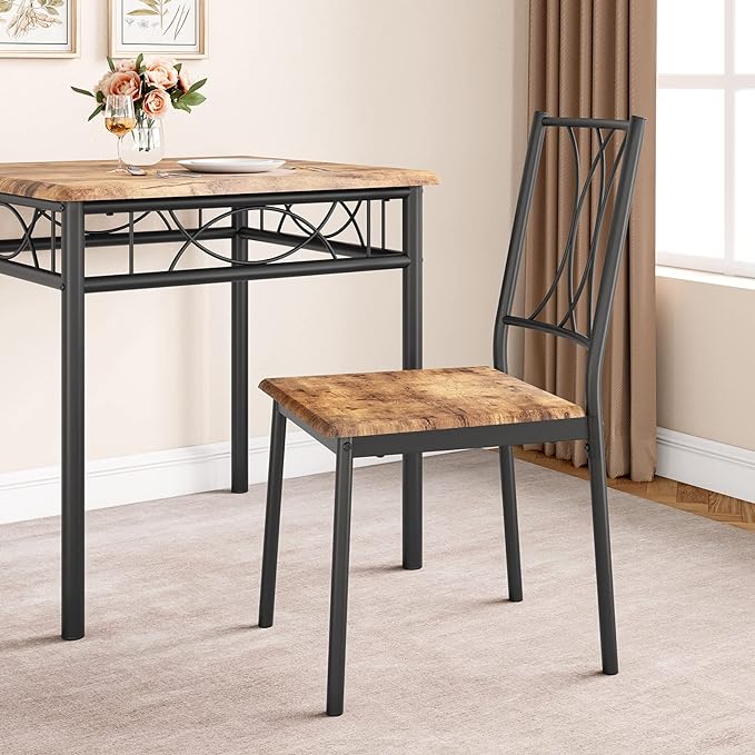 Dining Table Set for 2, Kitchen Table and Chairs for 2, Square Dining Room Table Set with 2 Metal and Wood Chairs, Kitchen Table Set for Small Space, Apartment, Rustic Brown - LeafyLoom