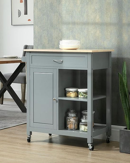 HOMCOM Kitchen Island Cart, Rolling Kitchen Island with Storage Shelf, Solid Wood Top, Drawer, for Dining Room, Gray - LeafyLoom