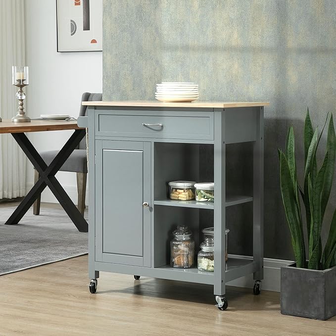 HOMCOM Kitchen Island Cart, Rolling Kitchen Island with Storage Shelf, Solid Wood Top, Drawer, for Dining Room, Gray - LeafyLoom