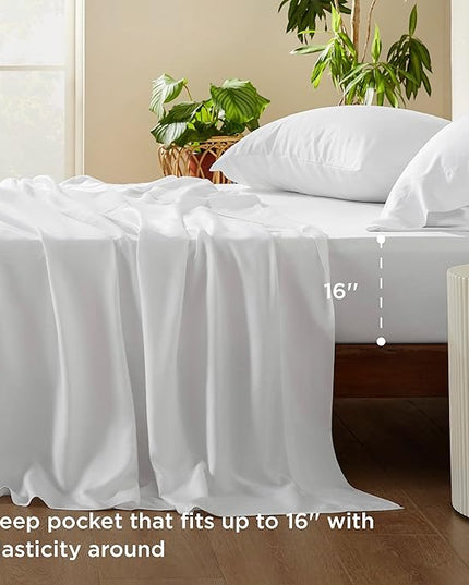 Bedsure Queen Sheets, Rayon Derived from Bamboo, Queen Cooling Sheet Set, Deep Pocket Up to 16", Breathable & Soft Bed Sheets, Hotel Luxury Silky Bedding Sheets & Pillowcases, White - LeafyLoom